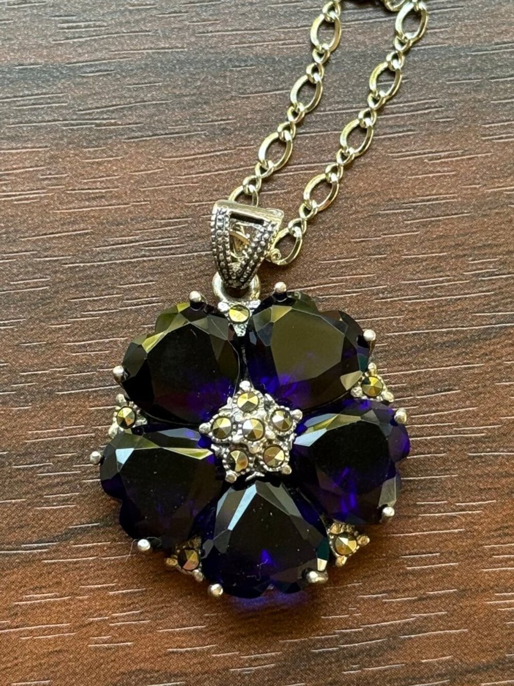 Sapphire and Marcasite Sterling Silver 925 Flower Necklace